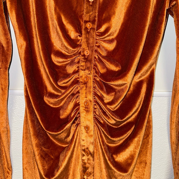 Women’s Long Sleeve Bodycon Dress Turn-Down Collar Velvet Ruched Rust Orange M - Picture 6 of 12